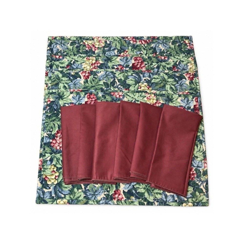 Vintage Floral Grape Leaf Placemats Set of 4 & 6 Burgundy Cloth Napkins 10 PcSet